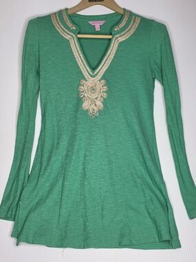 Lilly Pulitzer Emerson Tunic Top XS Green Gold Metallic V-Neck